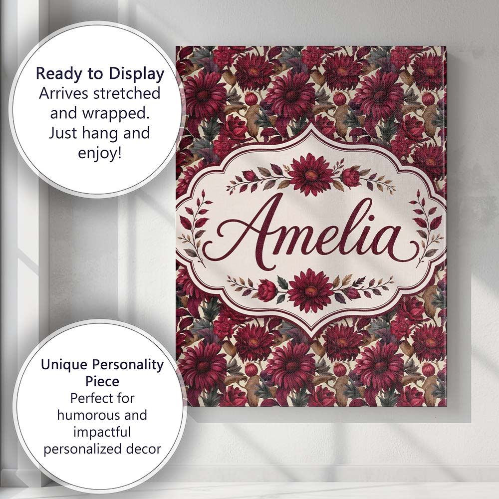 Personalised Name Bold Red Dahlia Floral Custom  Unique Gift Idea Elegant Feature Canvas Wall Art Print Decor Picture Ready to Hang