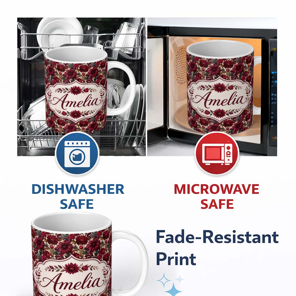 Personalized Custom Name Bold Red Dahlia Floral Pattern with Neutral Leaves Seamless Name 11oz Ceramic Coffee Tea Mug White Large Handle