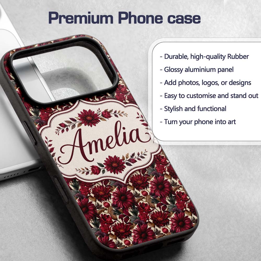 Bold Red Dahlia Floral Pattern Printed Design Custom Name Protective Phone Case Mobile Cover Durable Everyday Smartphone Shock Resistant