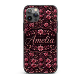Dark Burgundy Floral Blooms with Leaves Seamless Custom Name Protective Phone Case Mobile Cover Durable Everyday Smartphone Shock Resistant
