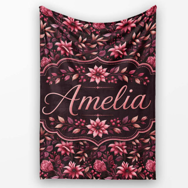 Dark Burgundy Floral Blooms with Leaves Seamless Pattern Name Cute  Personalised Custom Name Super Soft Fleece Blanket Bed Sofa Throw