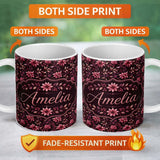 Personalized Custom Name Dark Burgundy Floral Blooms with Leaves Seamless Pattern Name Cute 11oz Ceramic Coffee Tea Mug White Large Handle