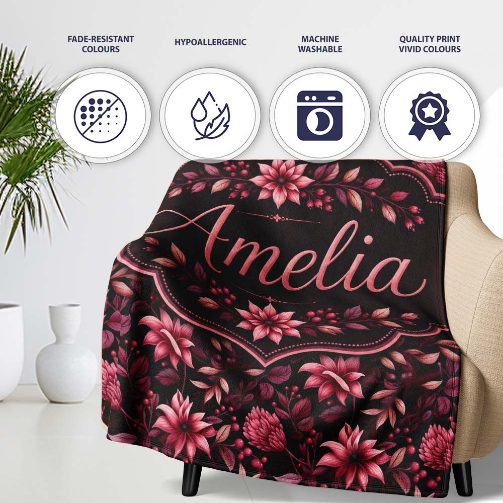 Dark Burgundy Floral Blooms with Leaves Seamless Pattern Name Cute  Personalised Custom Name Super Soft Fleece Blanket Bed Sofa Throw
