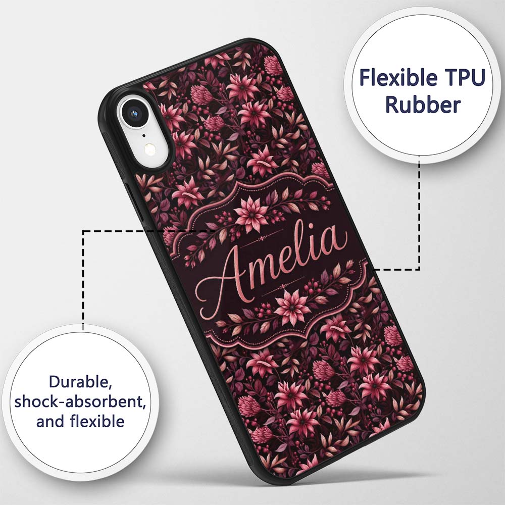Dark Burgundy Floral Blooms with Leaves Seamless Custom Name Protective Phone Case Mobile Cover Durable Everyday Smartphone Shock Resistant
