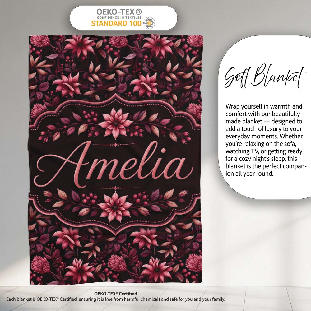Dark Burgundy Floral Blooms with Leaves Seamless Pattern Name Cute  Personalised Custom Name Super Soft Fleece Blanket Bed Sofa Throw