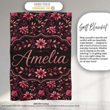 Dark Burgundy Floral Blooms with Leaves Seamless Pattern Name Cute  Personalised Custom Name Super Soft Fleece Blanket Bed Sofa Throw