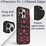 Dark Burgundy Floral Blooms with Leaves Seamless Custom Name Protective Phone Case Mobile Cover Durable Everyday Smartphone Shock Resistant