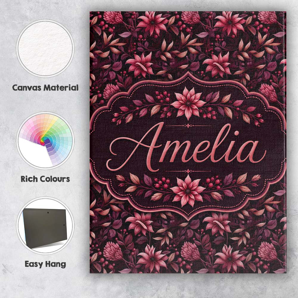 Personalised Name Dark Burgundy Floral Custom  Modern Room Accent Elegant Feature Canvas Wall Art Print Decor Picture Ready to Hang