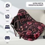 Dark Burgundy Floral Blooms with Leaves Seamless Pattern Name Cute  Personalised Custom Name Super Soft Fleece Blanket Bed Sofa Throw