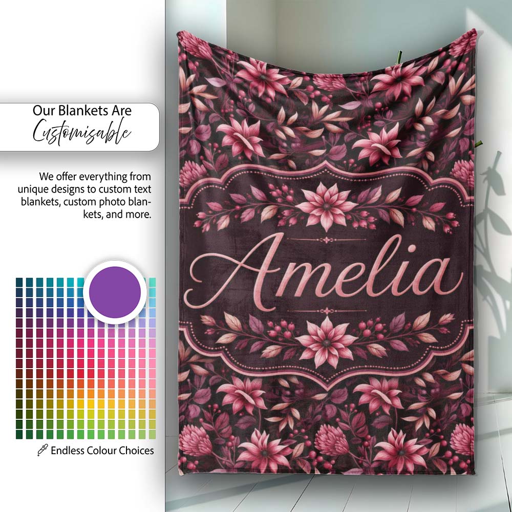 Dark Burgundy Floral Blooms with Leaves Seamless Pattern Name Cute  Personalised Custom Name Super Soft Fleece Blanket Bed Sofa Throw