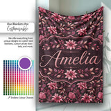 Dark Burgundy Floral Blooms with Leaves Seamless Pattern Name Cute  Personalised Custom Name Super Soft Fleece Blanket Bed Sofa Throw