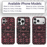 Dark Burgundy Floral Blooms with Leaves Seamless Custom Name Protective Phone Case Mobile Cover Durable Everyday Smartphone Shock Resistant