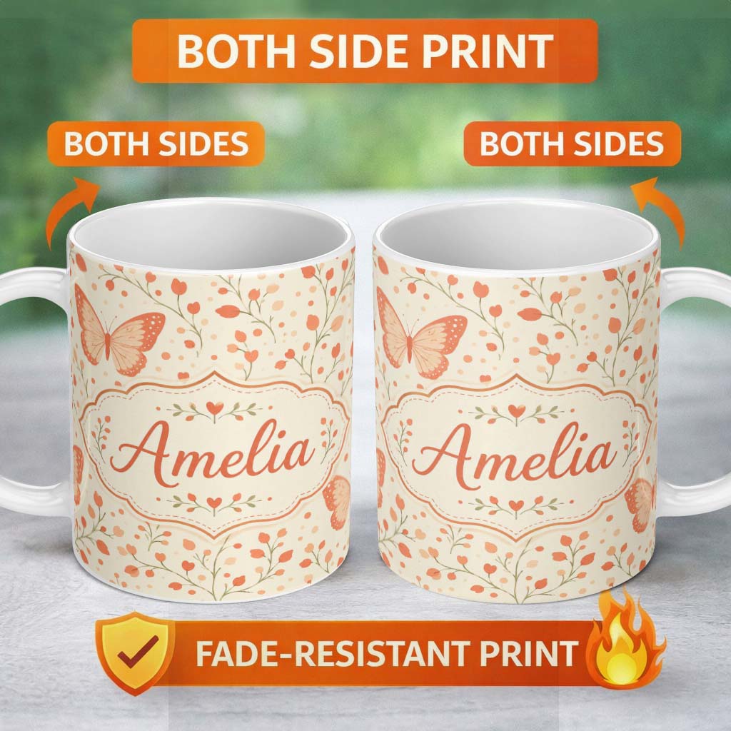 Personalized Custom Name Soft Butterfly with Floral Hearts Neutral Seamless Pattern Lovely 11oz Ceramic Coffee Tea Mug White Large Handle