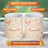 Personalized Custom Name Soft Butterfly with Floral Hearts Neutral Seamless Pattern Lovely 11oz Ceramic Coffee Tea Mug White Large Handle