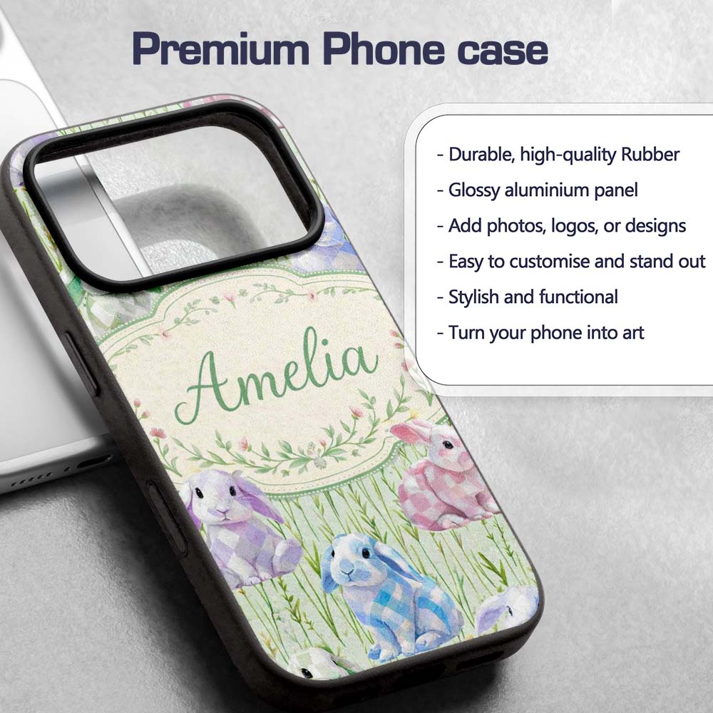 Pastel Bunny Meadow Spring Decorative Design Custom Name Protective Phone Case Mobile Cover Durable Everyday Smartphone Shock Resistant