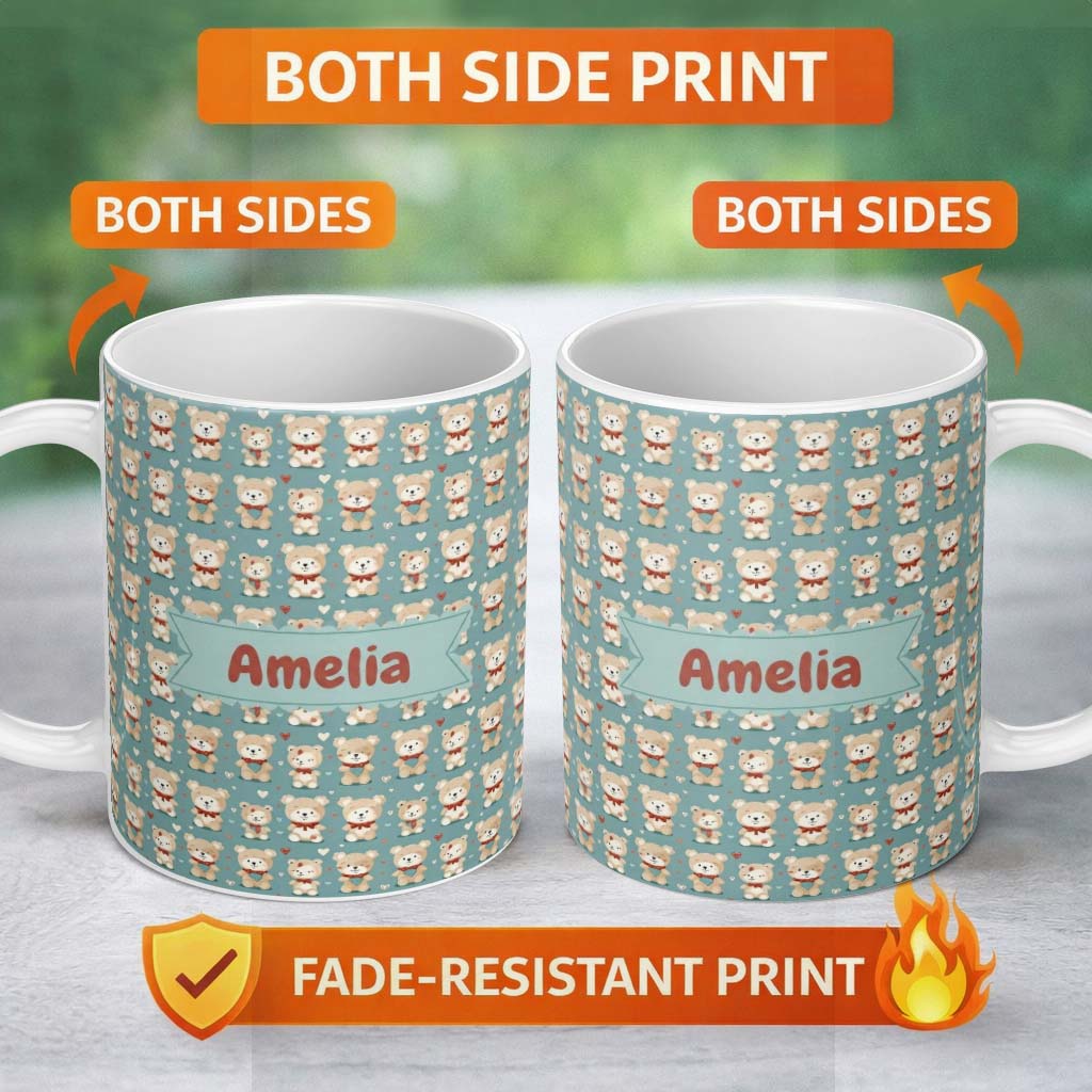 Personalized Custom Name Cute Teddy Bears with Hearts on Blue Background Seamless Pattern 11oz Ceramic Coffee Tea Mug White Large Handle
