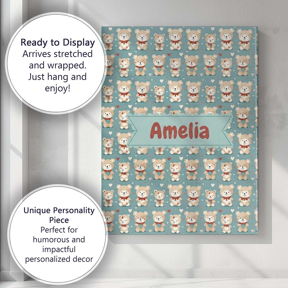 Personalised Name Cute Teddy Bears with Custom  Modern Room Accent Elegant Feature Canvas Wall Art Print Decor Picture Ready to Hang