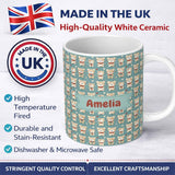 Personalized Custom Name Cute Teddy Bears with Hearts on Blue Background Seamless Pattern 11oz Ceramic Coffee Tea Mug White Large Handle