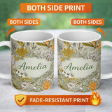 Personalized Custom Name Vintage Botanical Floral Sage Green Detailed Seamless Pattern Lovely 11oz Ceramic Coffee Tea Mug White Large Handle