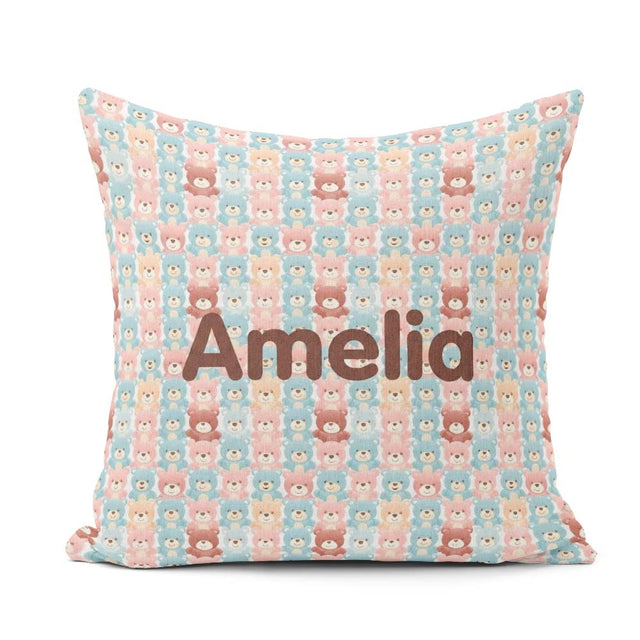 Custom Name Pastel Teddy Bear Faces Repeating Seamless Name Cute Square Filled Cushion Throw Pillow Sofa Bed Home Decor Zip Washable UK Made