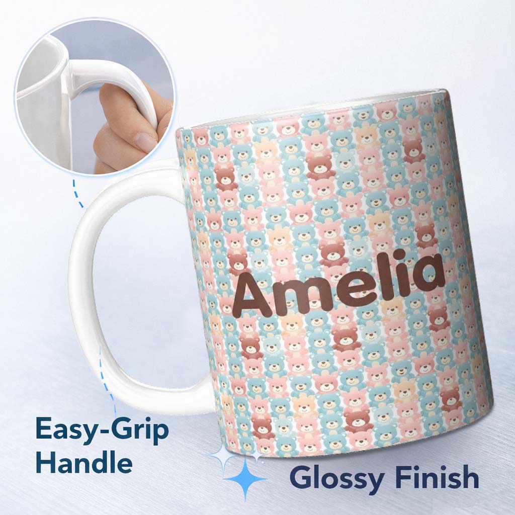 Personalized Custom Name Pastel Teddy Bear Faces Repeating Pattern Seamless Name Cute Unique 11oz Ceramic Coffee Tea Mug White Large Handle