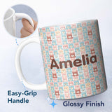 Personalized Custom Name Pastel Teddy Bear Faces Repeating Pattern Seamless Name Cute Unique 11oz Ceramic Coffee Tea Mug White Large Handle