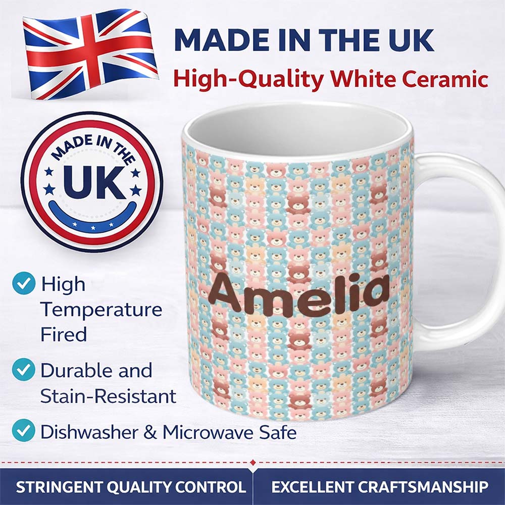 Personalized Custom Name Pastel Teddy Bear Faces Repeating Pattern Seamless Name Cute Unique 11oz Ceramic Coffee Tea Mug White Large Handle
