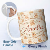 Personalized Custom Name Vintage Teddy Bears with Hearts on Beige Seamless Pattern Custom 11oz Ceramic Coffee Tea Mug White Large Handle