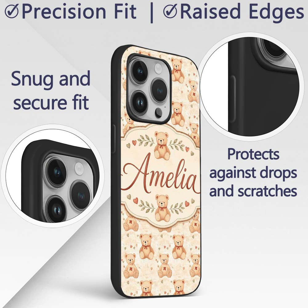 Vintage Teddy Bears with Hearts on Beige Seamless Custom Name Protective Phone Case Mobile Cover Durable Everyday Smartphone Shock Resistant