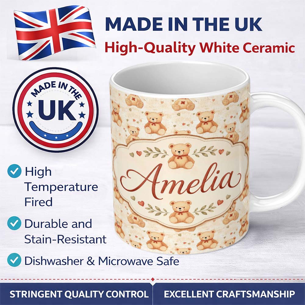 Personalized Custom Name Vintage Teddy Bears with Hearts on Beige Seamless Pattern Custom 11oz Ceramic Coffee Tea Mug White Large Handle