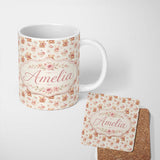 Personalized Custom Name Cute Teddy Bears with Pink Roses Seamless Pattern Name Unique Gift 11oz Ceramic Coffee Tea Mug White Large Handle