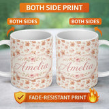 Personalized Custom Name Cute Teddy Bears with Pink Roses Seamless Pattern Name Unique Gift 11oz Ceramic Coffee Tea Mug White Large Handle