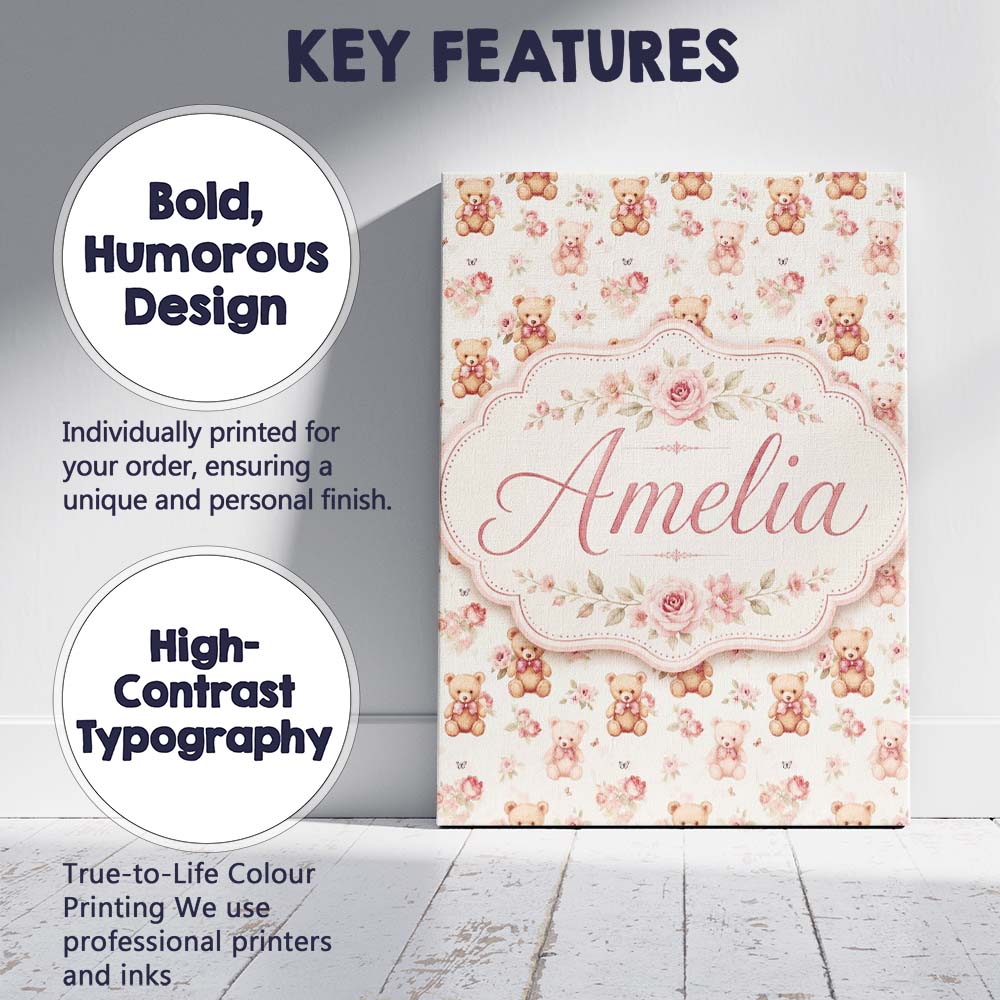 Personalised Name Cute Teddy Bears with Custom  Modern Room Accent Elegant Feature Canvas Wall Art Print Decor Picture Ready to Hang