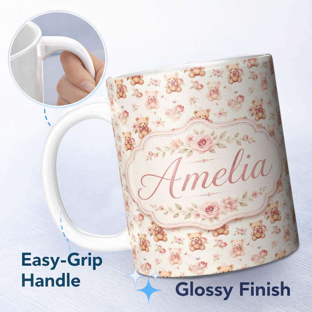 Personalized Custom Name Cute Teddy Bears with Pink Roses Seamless Pattern Name Unique Gift 11oz Ceramic Coffee Tea Mug White Large Handle