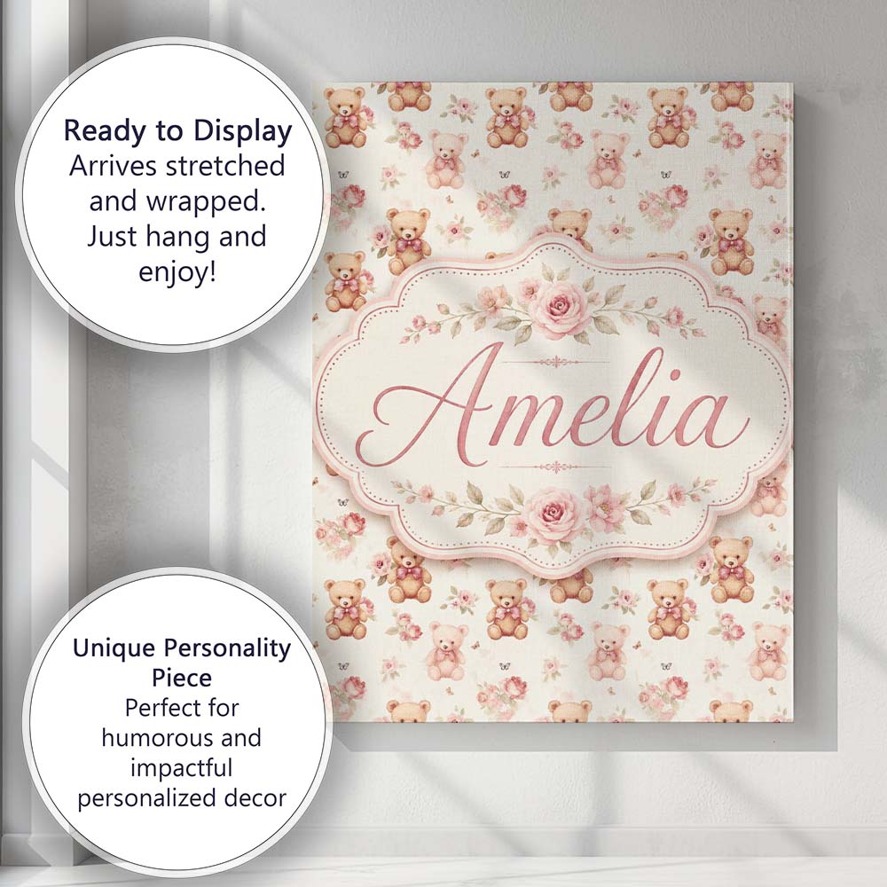 Personalised Name Cute Teddy Bears with Custom  Modern Room Accent Elegant Feature Canvas Wall Art Print Decor Picture Ready to Hang