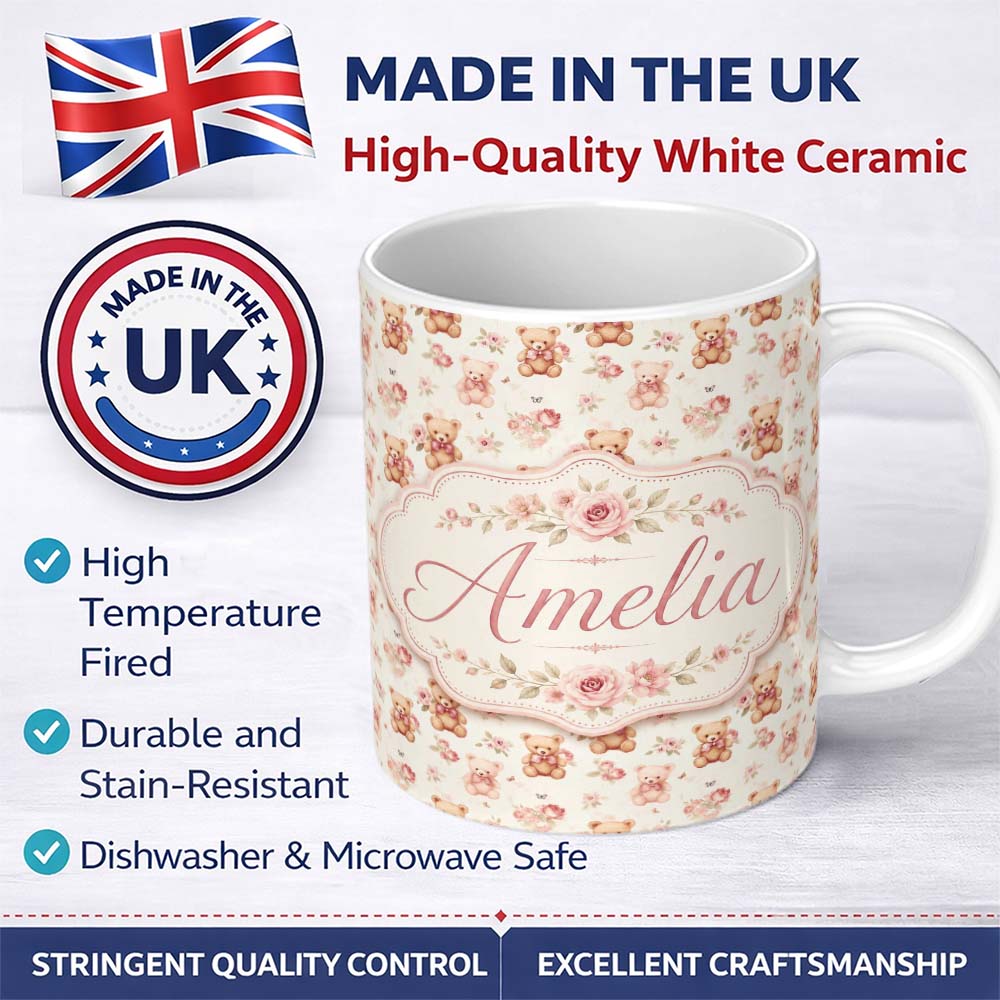 Personalized Custom Name Cute Teddy Bears with Pink Roses Seamless Pattern Name Unique Gift 11oz Ceramic Coffee Tea Mug White Large Handle