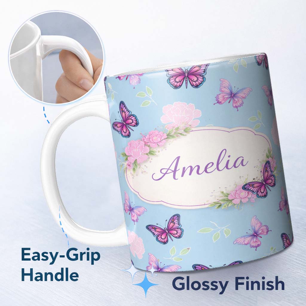 Personalized Custom Name Vibrant Pink Purple Butterflies Sky Blue Seamless Pattern Lovely 11oz Ceramic Coffee Tea Mug White Large Handle