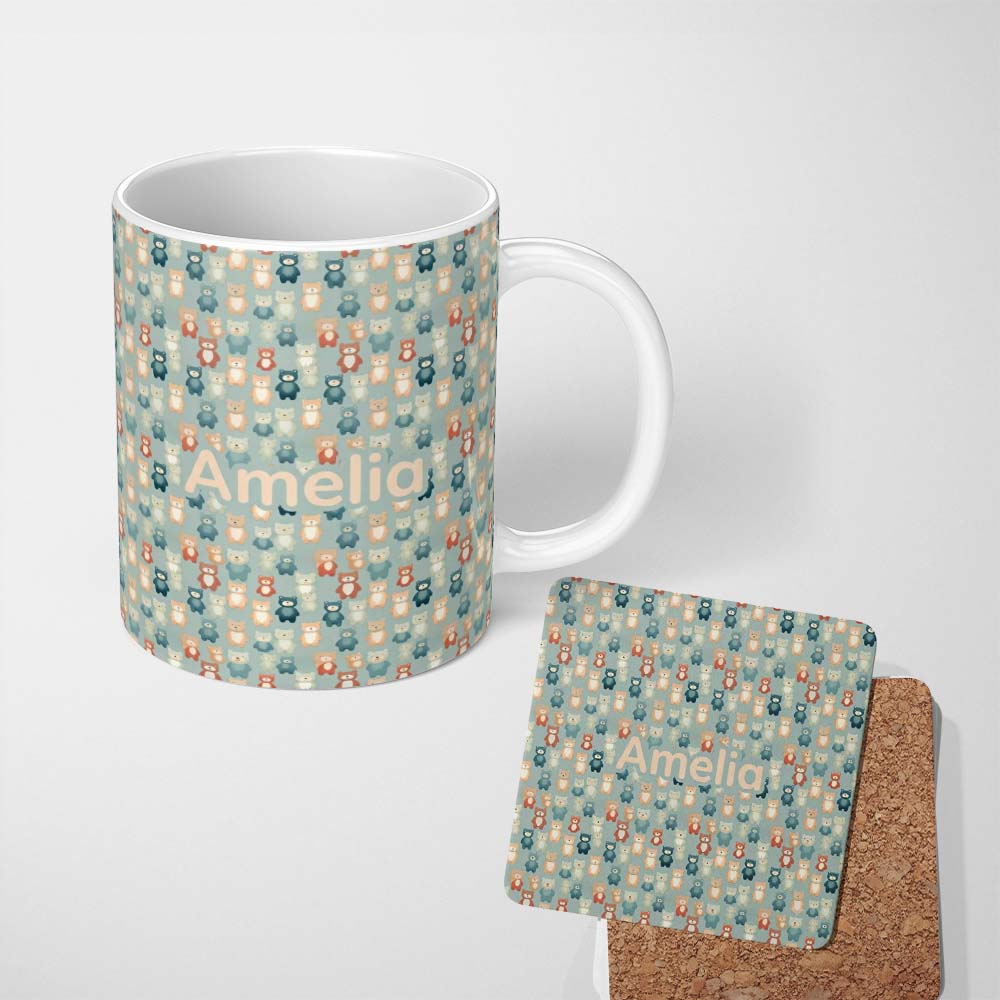 Personalized Custom Name Colorful Teddy Bears on Soft Blue Background Seamless Pattern Name 11oz Ceramic Coffee Tea Mug White Large Handle