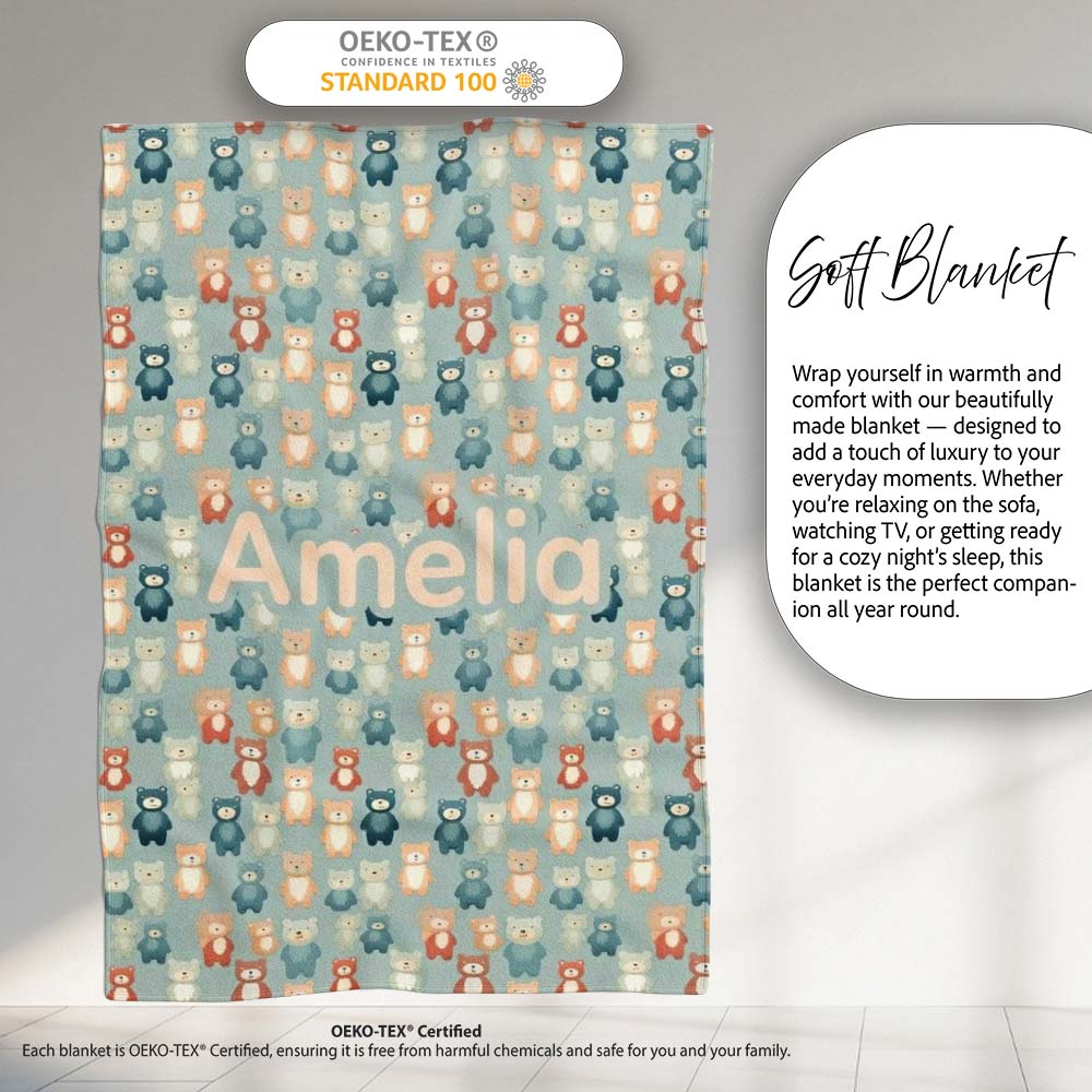 Colorful Teddy Bears on Soft Blue Background Seamless Pattern Name  Personalised Custom Name Super Soft Fleece Blanket Bed Sofa Throw