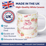 Personalized Custom Name Strawberry Cherry Daisy White Yellow Outline Cute Coquette Floral 11oz Ceramic Coffee Tea Mug White Large Handle