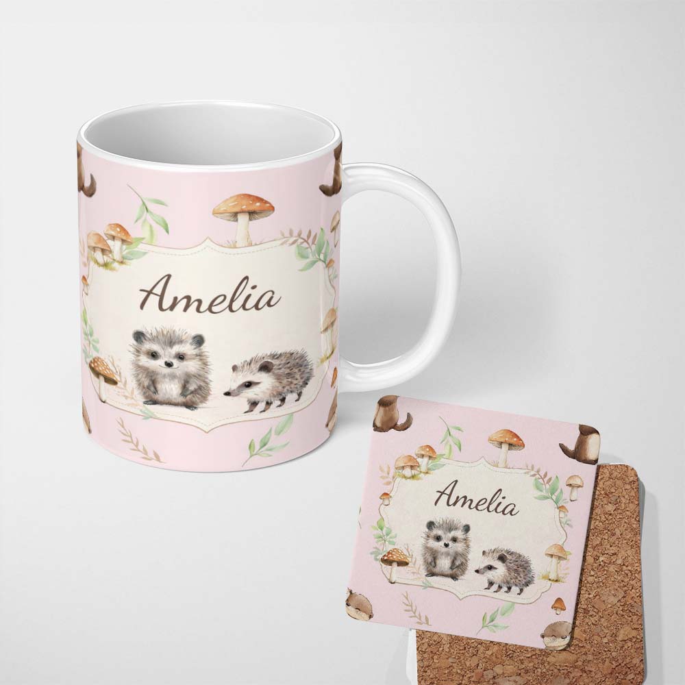 Personalized Custom Name Cute Woodland Hedgehog Mushrooms Leaves Seamless Pattern Soft Blush 11oz Ceramic Coffee Tea Mug White Large Handle