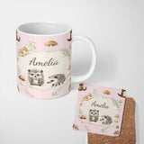 Personalized Custom Name Cute Woodland Hedgehog Mushrooms Leaves Seamless Pattern Soft Blush 11oz Ceramic Coffee Tea Mug White Large Handle