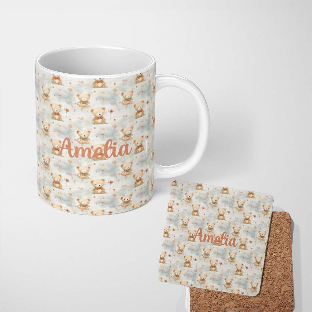Personalized Custom Name Soft Teddy Bears with Floral Accents Seamless Pattern Name Cute 11oz Ceramic Coffee Tea Mug White Large Handle