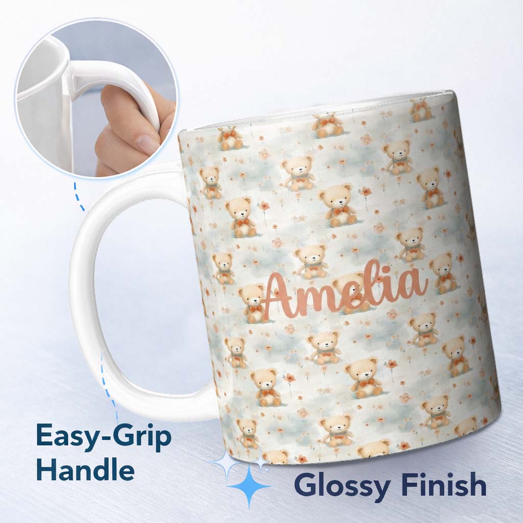Personalized Custom Name Soft Teddy Bears with Floral Accents Seamless Pattern Name Cute 11oz Ceramic Coffee Tea Mug White Large Handle