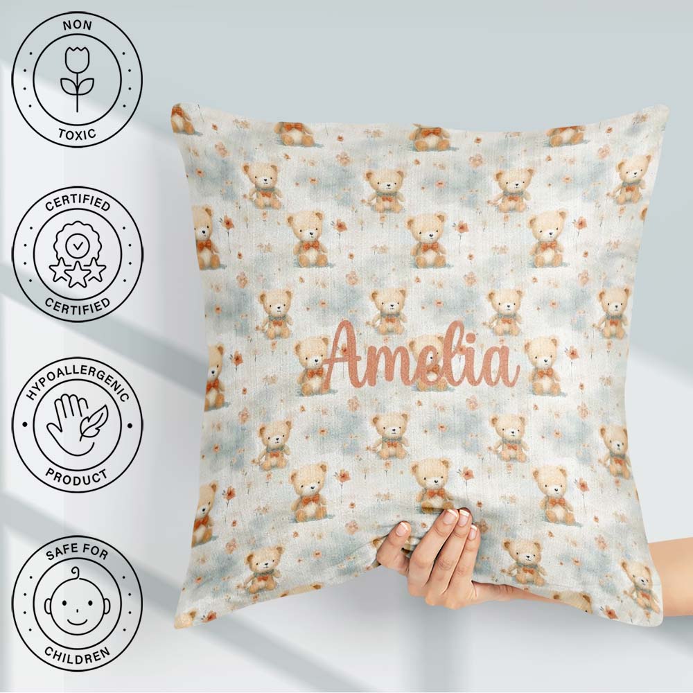 Custom Name Soft Teddy with Floral Accents Seamless Pattern Name Square Filled Cushion Throw Pillow Sofa Bed Home Decor Zip Washable UK Made