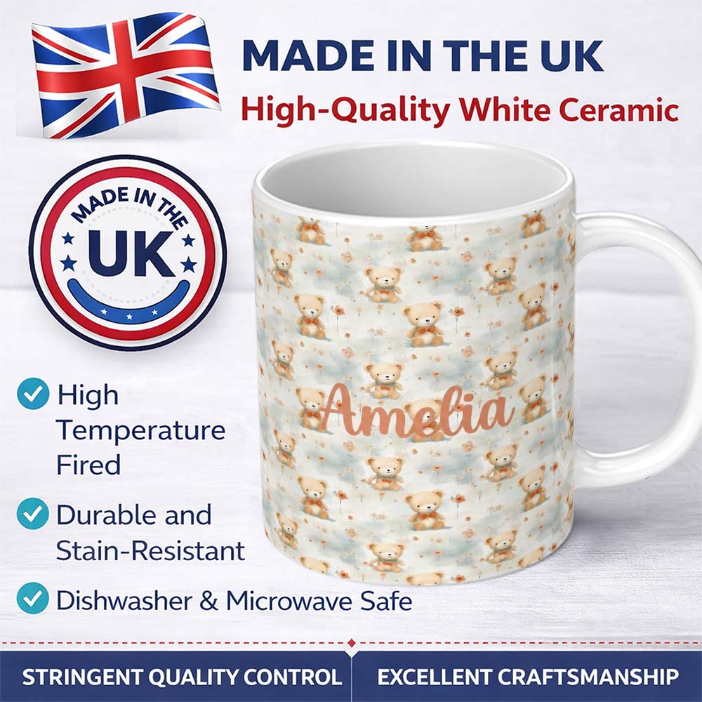Personalized Custom Name Soft Teddy Bears with Floral Accents Seamless Pattern Name Cute 11oz Ceramic Coffee Tea Mug White Large Handle