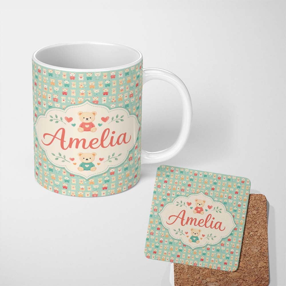 Personalized Custom Name Small Cute Teddy Bears on Green Background Seamless Pattern Name 11oz Ceramic Coffee Tea Mug White Large Handle