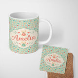 Personalized Custom Name Small Cute Teddy Bears on Green Background Seamless Pattern Name 11oz Ceramic Coffee Tea Mug White Large Handle