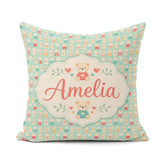 Custom Name Small Teddy Bears on Green Background Seamless Name Square Filled Cushion Throw Pillow Sofa Bed Home Decor Zip Washable UK Made