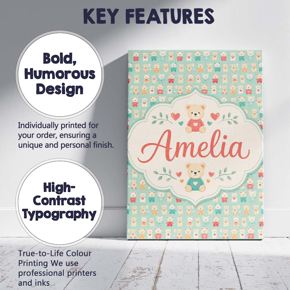 Personalised Name Small Cute Teddy Bears on Custom  Bespoke Interior Contemporary Canvas Wall Art Print Decor Picture Ready to Hang